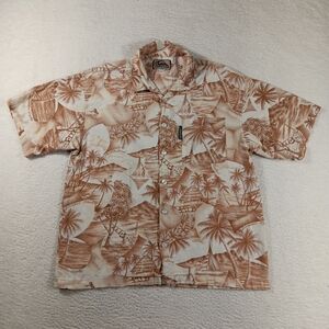 Vintage 90s Quiksilver Shirt Mens Large Tan Hawaiian Camp Waikiki Surf Aloha